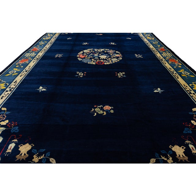 Antique Chinese Art Deco Rug in Deep Blue With Medallion & Botanical Motifs For Sale - Image 11 of 13