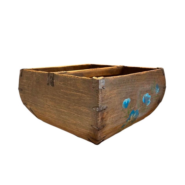 Antique 19th Century Large Chinese Primitive Hand-Hewn Wooden Rice Measure / Grain Basket / Bucket With Iron Strapping and Hand Painted Blue Florals For Sale In Dallas - Image 6 of 8