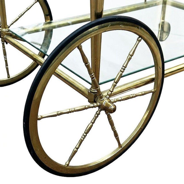Mid-Century Regency French Solid Brass & Glass Bar Cart W/ Bottle Holder For Sale - Image 10 of 11
