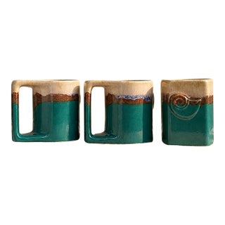 Vintage 1980s Padilla Teal Ceramic Mugs, Set of 3 For Sale
