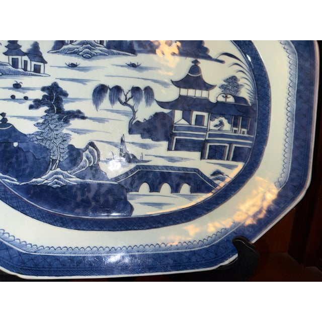 Chinese Antique Chinese Canton Large Platter Export Porcelain Blue & White 17"x13” With Wood Display Stand For Sale - Image 3 of 12