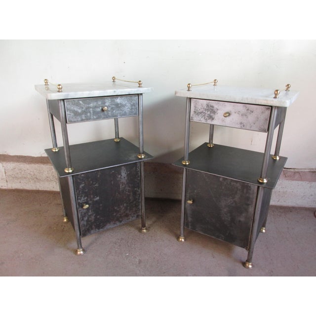 Pair Austrian Jugendstil Style nightstands, circa 1910. The stands are constructed of Ruhr Valley steel with brass trim...