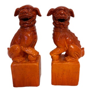 Vintage Mid-Century Terracotta 12.5-Inch Orange Foo Dogs - A Pair For Sale