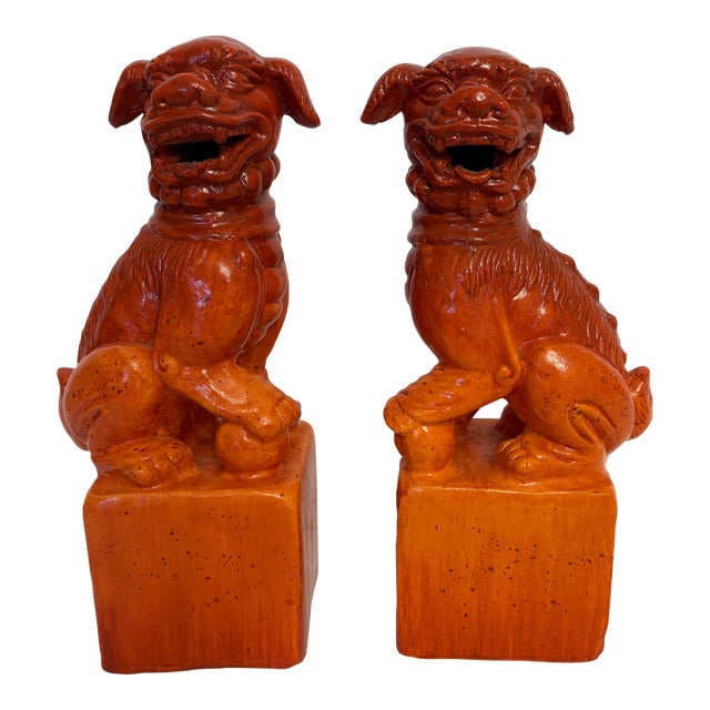Vintage Mid-Century Terracotta 12.5-Inch Orange Foo Dogs - A Pair For Sale