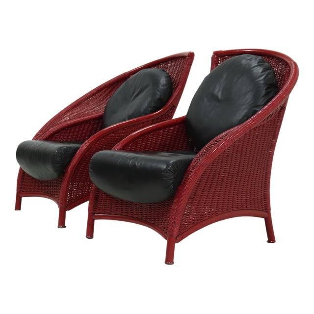Vintage Sculptural Lounge Chairs in Red Lacquered Rattan and Bamboo, 1970s, Set of 2 For Sale