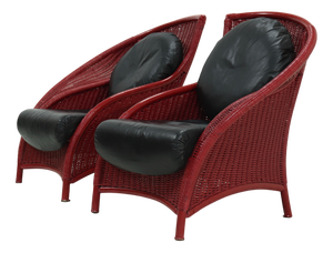 Vintage Sculptural Lounge Chairs in Red Lacquered Rattan and Bamboo, 1970s, Set of 2