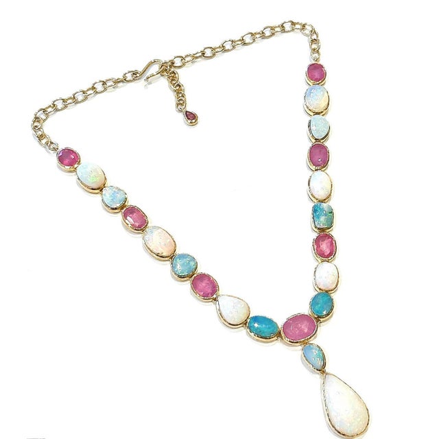 Bochic “Capri” Vintage Red Ruby, & Blue, White Opal Necklace Set In 18K Gold & Silver Elegant and Classic Italian style We...