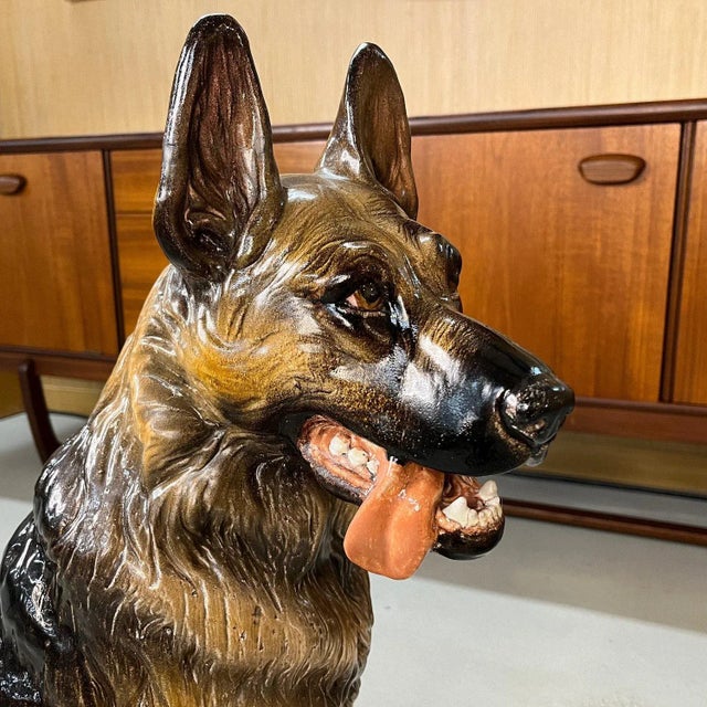 Italian Made Hand Painted and Glazed Terra Cotta Near Life Size German Shepherd For Sale - Image 4 of 13