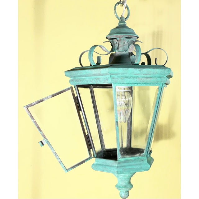 Vintage Solid Brass Hanging Lantern / Pendent / Verdigris Patina For Sale - Image 11 of 17
