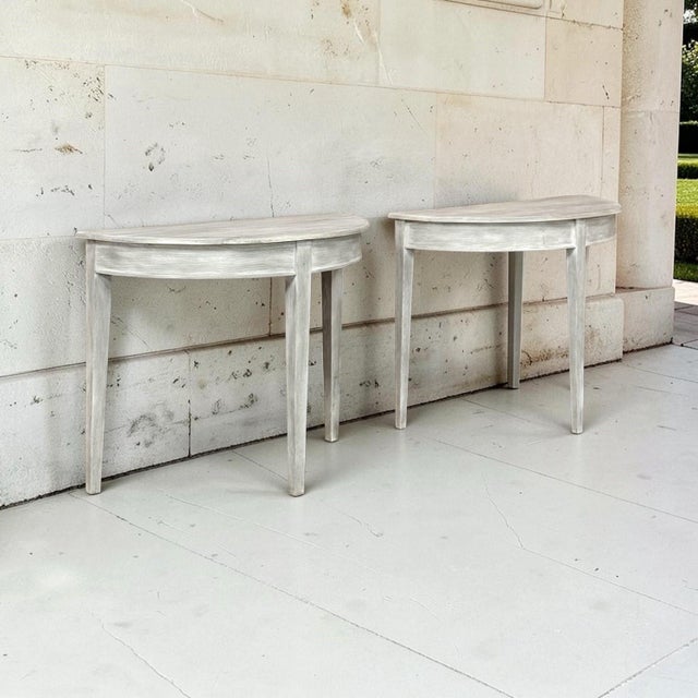 Pair of 19th Century French Directoire Whitewashed Oak Demi Lune Consoles For Sale - Image 4 of 18