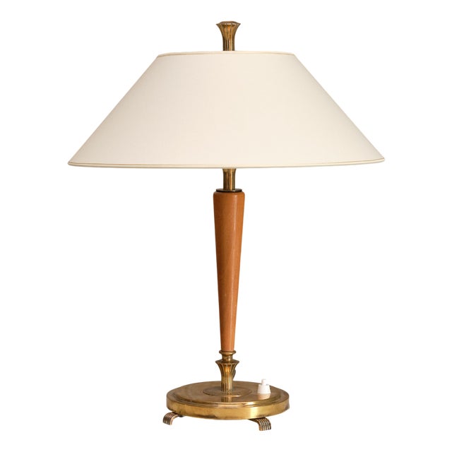 Vintage Swedish Table Lamp in Brass and Elm by Harald Notini, 1940s For Sale