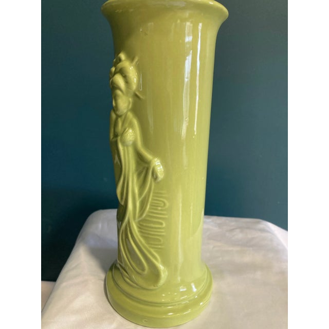Vintage Chartreuse Green Ceramic Vase With Asian Woman Relief For Sale - Image 10 of 10