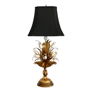 Italian Hollywood Regency Gilded Tole Lamp With Tulips For Sale