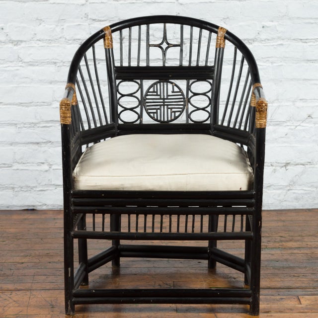Traditional Horseshoe Back Chair with Bamboo Fretwork Geometric Motifs For Sale - Image 3 of 12