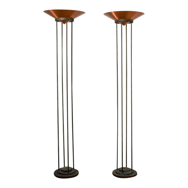 1980's Verdigris Copper Tube Torchiere Floor Lamps by Jim Bindman for Rainbow Lamp - A Pair For Sale