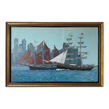 Large- 1980’s Diane Kenny Maritime City Skyline Painting, Framed For Sale