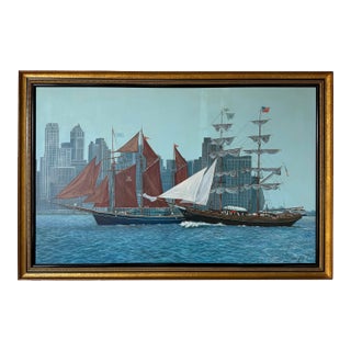 Large- 1980’s Diane Kenny Maritime City Skyline Painting, Framed For Sale
