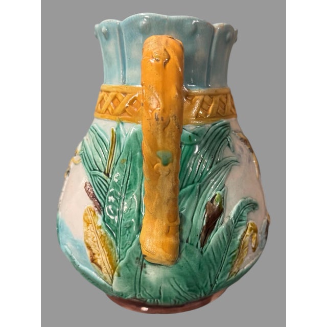 Victorian Antique Victorian Majolica 7.5" Pitcher With Heron Flying Over a Pond Setting For Sale - Image 3 of 12