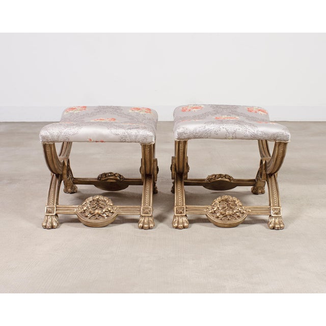 Mid 20th Century Pair of Italian Neoclassical Style Silvered Curule Bench Seats For Sale - Image 5 of 18