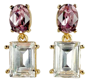 Oscar De La Renta Gold Plated Light Amethyst Crystal Rectangle Drop Post Earrings, A Pair