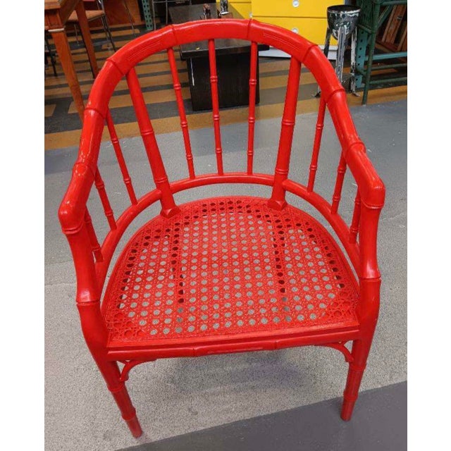 1960s 1960s “Vermillion Red" Faux Bamboo Arm Chairs With Beige and Cream Ticking Stripe Cushions on Caned Platform - a Pair For Sale - Image 5 of 7