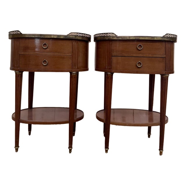 Louis XVI Drum-Shaped Bedside Tables in Mahogany and Marble, 1950s, Set of 2 For Sale