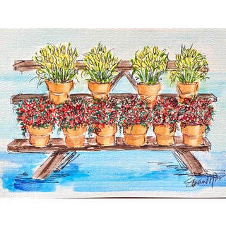 “My Plantstand” Floral Watercolor by Sandra Wright For Sale
