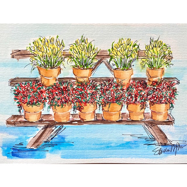 “My Plantstand” Floral Watercolor by Sandra Wright For Sale