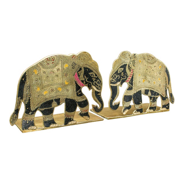 Pair of Antique Elephant Bookends, Indian Brass Decorative Book Rests, Victorian For Sale