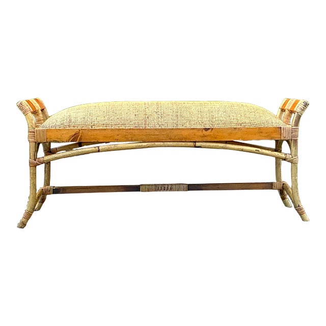 Vintage Coastal Woven Rattan Bench For Sale