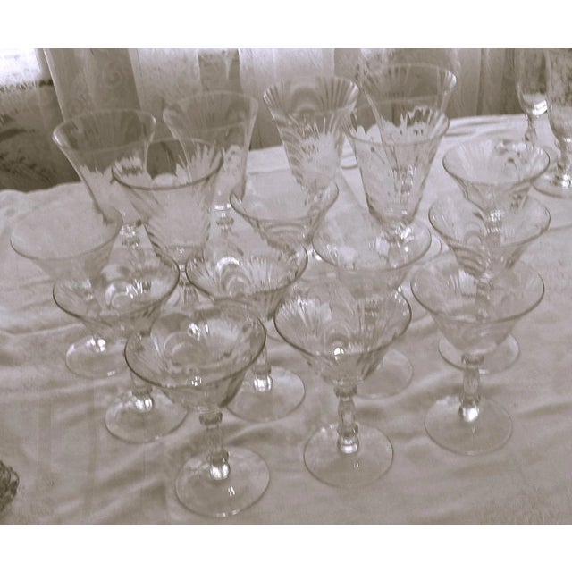 Glass Mid 20th Century Cambridge Caprice Crystal Clear Stemmed Glasses, 10 Water and 6 Wine For Sale - Image 7 of 14