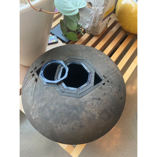 Rare Karl Christiansen 1985 Signed Large Scale Raku Ceramic Geometric Pierced Art Vessel VaseVase Wilton Iowa For Sale In Las Vegas - Image 6 of 12
