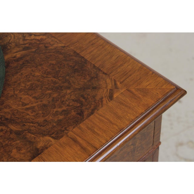 English 3 Part Leather Top Burl Walnut Desk For Sale - Image 10 of 15