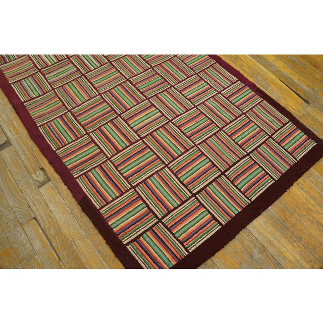 1930s 1930s Multicolor Checkerboard Folk Art Antique American Hooked Rug 3'2" X 10' 4" Carpet For Sale - Image 5 of 14