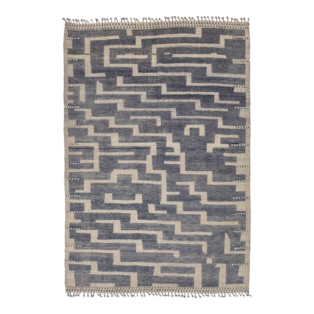 10x14 Modern Maze Blue & Cream Moroccan Geometric Handmade Wool Rug For Sale