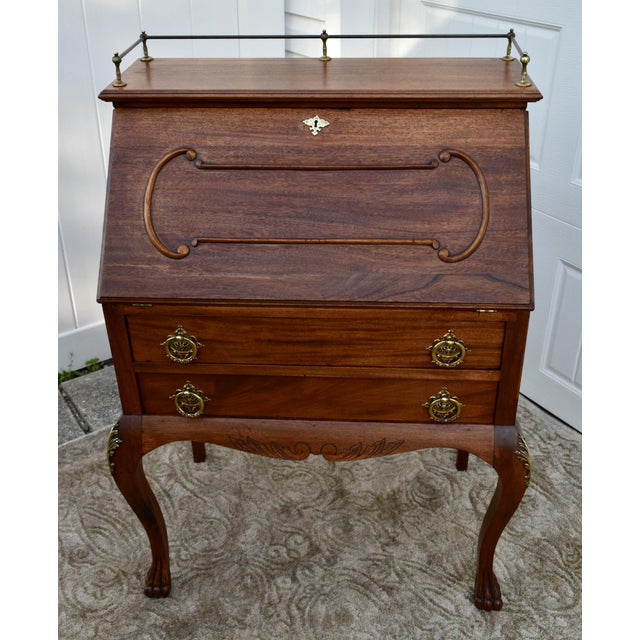 Antique Country French Style Mahogany Slant Front Desk W/Brass Gallery Top For Sale - Image 12 of 12