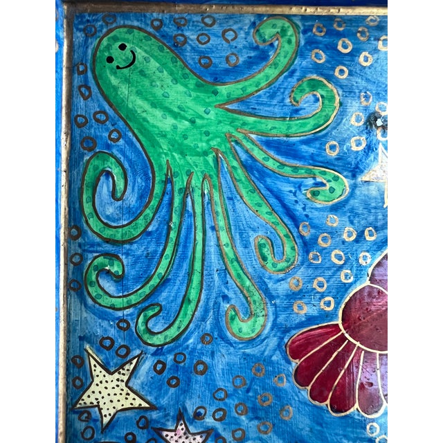 Colorful Handpainted Square Tray With Sea Creatures For Sale - Image 4 of 9