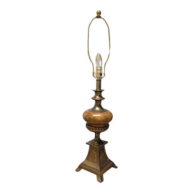 Vintage Brass & Wood Table Lamp, Urn Body, Shell Motif Base, No Shade For Sale