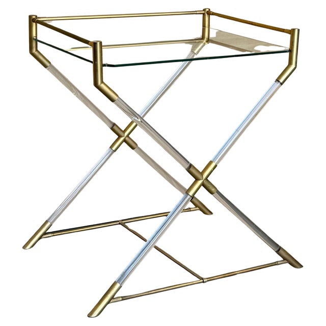 Brass Mid Century Modern Serving or Side Table in Brass and Lucite with X Form For Sale - Image 8 of 18