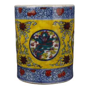 Chinese Vintage Pen Holder,Old Porcelain Factory Blue and White Famille Verte Porcelain Brush Pot Hand Painted Four Divine Beasts Pattern