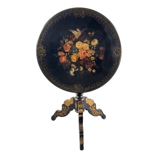 19th Century Napoleon III Pedestal Table in Black Lacquered Wood with Painted Floral Decoration For Sale