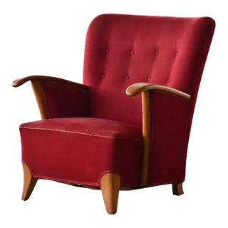 Scandinavian Lounge Chair With Oak Armrest Conical Legs Red Wool, 1940's For Sale