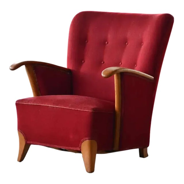 Scandinavian Lounge Chair With Oak Armrest Conical Legs Red Wool, 1940's For Sale