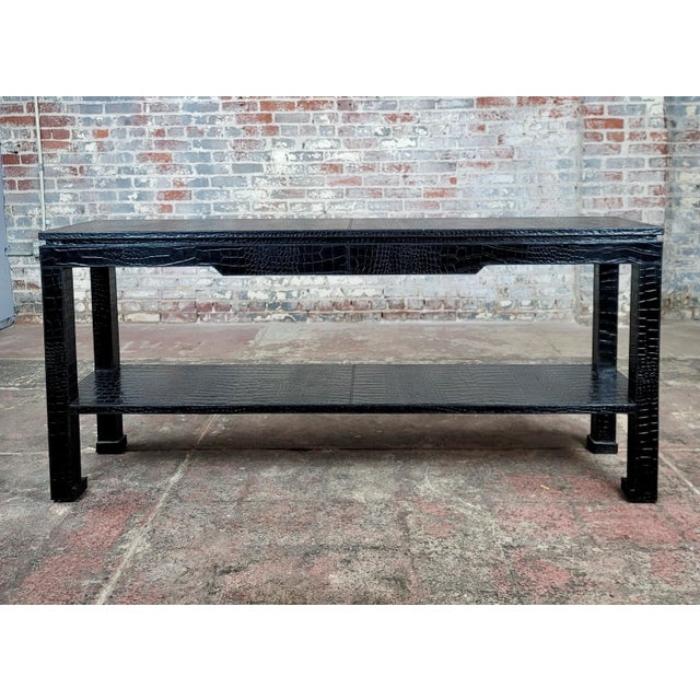 Jonathan Adler -Black Leather Faux Alligator Console Table For Sale - Image 4 of 11