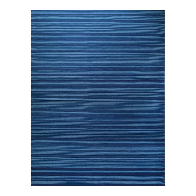 6x9 Para Penelope Blue Stripe Geometric Flatweave Wool Carpet Rug For Sale