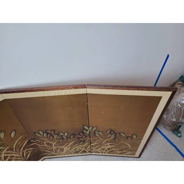 Mid 20th Century Vintage Japanese Byobu 4-Panel Gold Leaf Folding Screen Hand Painted Wheat Field Signed For Sale - Image 5 of 15