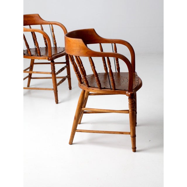 Brown Antique Wood Captain's Chairs Set 3 For Sale - Image 8 of 15