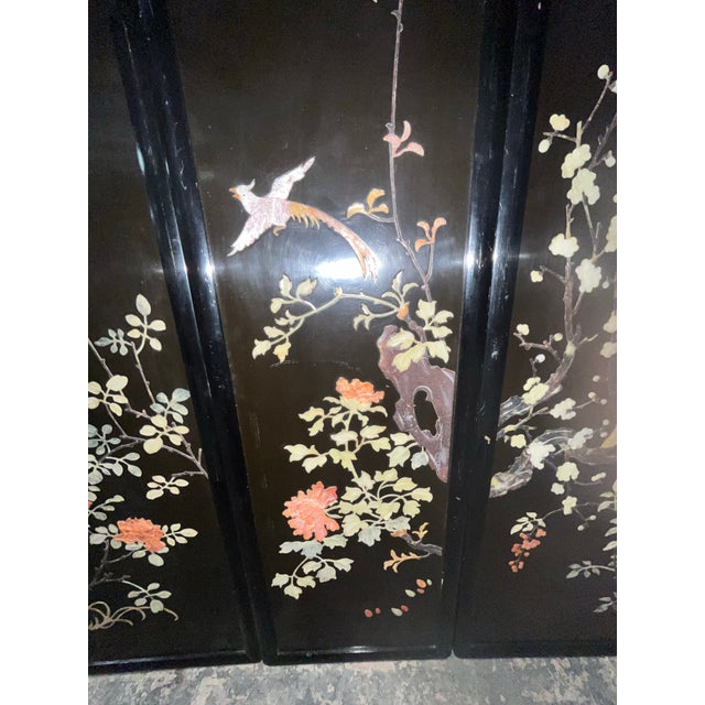 Mid 20th Century Vintage Chinese Black Lacquered Panels Carved Stone Inlay Birds For Sale - Image 5 of 8