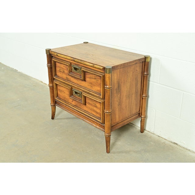 1960s Mid-Century Hollywood Regency Campaign Carved Walnut Faux Bamboo Nightstand by Stanley, Circa 1960s For Sale - Image 5 of 15
