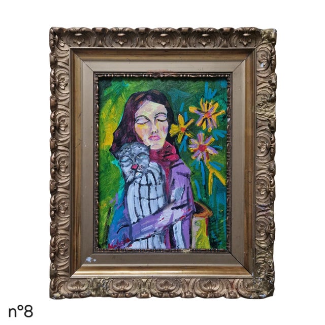 Oil on canvas depicting an expressive figure embracing a cat, rendered with bold brushwork and a vibrant palette. The...